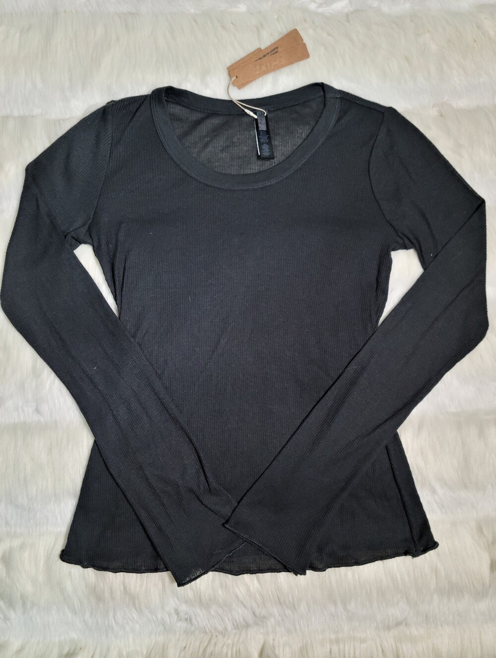 SKIMS Sheer Cotton Long Sleeve Wide Crew Henley Top Black Soot Women XS NEW